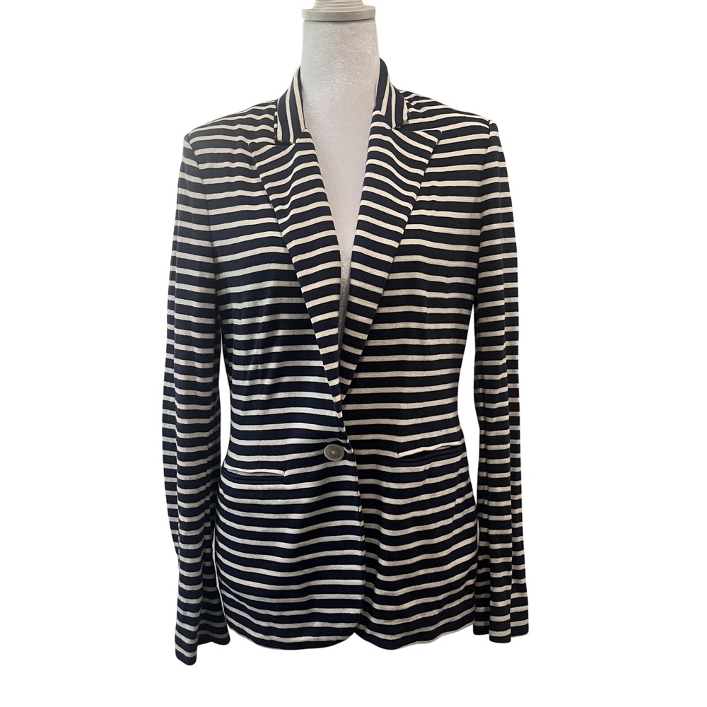 Ralph Lauren Sport Blazer Womens 8 Navy Blue Cream Striped Knit Cotton Preppy